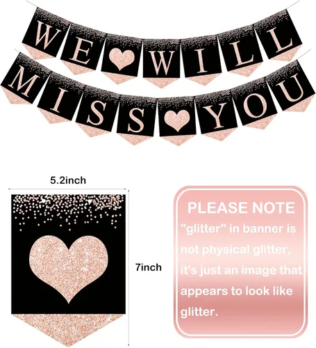 Miniatura 2 de Kit de suministros de decoración de fiesta de despedida de oro rosa, pancarta con texto en inglés "Will Miss You", decoración de remolinos colgantes