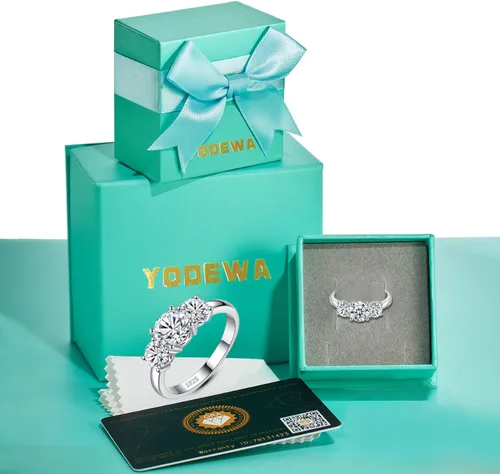 Miniatura 6 de YODEWA - Anillo de compromiso para mujer con 3 brillantes gemas de moissanita de corte redondo montadas en plata de ley