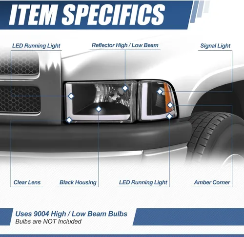 Miniatura 2 de Auto Dynasty Conjunto de Faros LED DRL Compatible con Dodge Ram 1500 2500 3500 de 1994-2002, 4 Piezas Faros Halógenos de Repuesto con Doble Luz