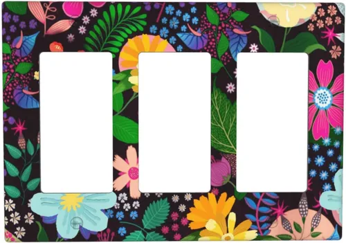 Miniatura 120 de Cubierta de interruptor de luz de 3 cuadrillas con diseño de flores azules púrpuras, cubierta de placa de pared de triple palanca, arbustos florales
