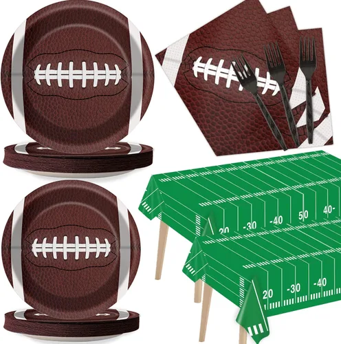 Miniatura 9 de Kit de vajilla de fiesta de fútbol para 24 invitados, decoración de fiesta de cumpleaños, suministros de mesa de rugby para niños, incluye platos