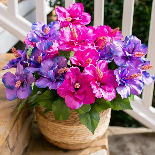 Miniatura 13 de HyeFlora Flores artificiales para exteriores, hibisco sintético, decoración exterior de verano, 4 paquetes de plantas artificiales tropicales