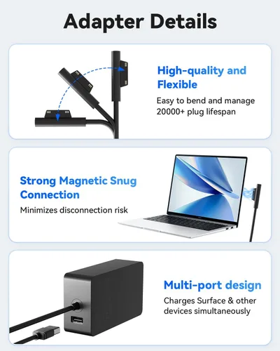 Miniatura 4 de Cargador para portátil Microsoft Surface de 65 W Para Surface Pro 7 11 10 9 8 7+ 6 5 4 3 X, Surface Laptop 7 6 5 4 3 2 1, Surface Go Tablet 4 3 2