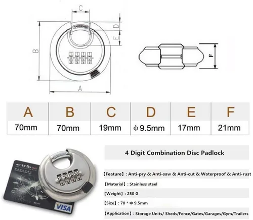 Miniatura 2 de Candado de disco de acero inoxidable de 4 dígitos (3 pulgadas) cerradura de combinación para exteriores para almacén, cobertizos, casilleros de Plata