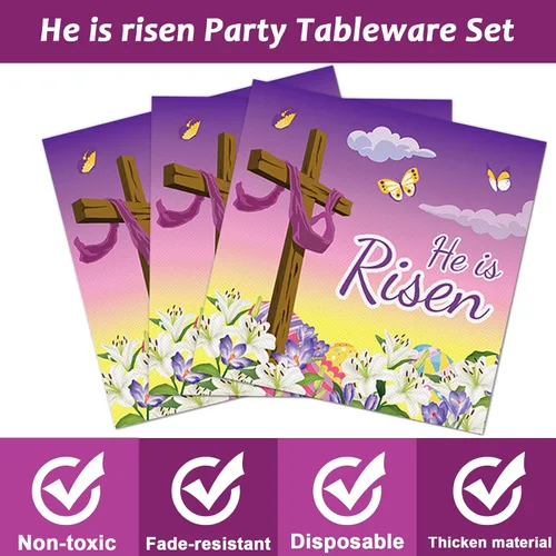 Miniatura 3 de 98 Piezas Decoraciones de Fiesta de Pascua He is Risen Juego de Vajilla de Pascua He is Risen Platos Religiosos Servilletas Mantel Kit