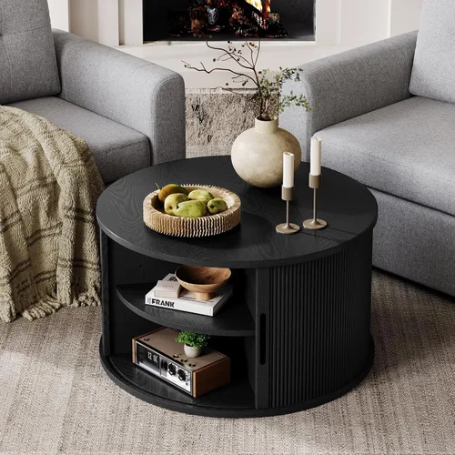 Miniatura 5 de LINSY HOME - Mesa de centro redonda, mesa de centro de 31.5" con puerta de tambor deslizante, mesa auxiliar acampanada con almacenamiento, mesa