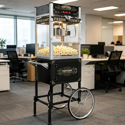 Miniatura 11 de Máquina comercial de palomitas de maíz con carrito y ruedas, máquina para hacer palomitas de maíz con hervidor de acero inoxidable de 24 onzas, Rojo