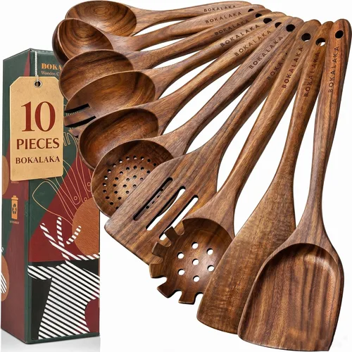 Miniatura 11 de Juego de utensilios de cocina de madera de teca, 7 piezas, utensilios de cocina de madera, incluye espátula