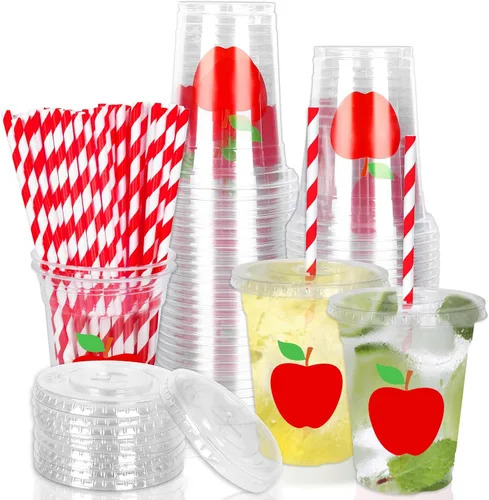 Miniatura 60 de Whaline 50 vasos de plástico desechables patrióticos de 12 onzas con tapas y pajitas con la bandera estadounidense del 4 de julio, vasos