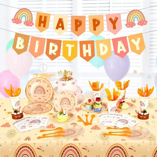 Miniatura 5 de Buryeah 212 piezas de decoración de cumpleaños arcoíris arco iris, suministros para fiesta, incluye pancarta de feliz cumpleaños, platos de papel