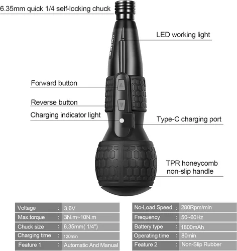 Miniatura 7 de Destornillador eléctrico inalámbrico de 3.6V - Par de torsión de 3.5Nm y brocas a prueba de óxido, 2 en 1 manual/automático con luz LED, 1800mAh