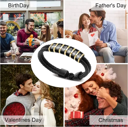 Miniatura 14 de Pulseras de cuero personalizadas para hombre con 1-6 nombres, pulsera trenzada personalizada con cuentas para papá, marido, día del padre, San