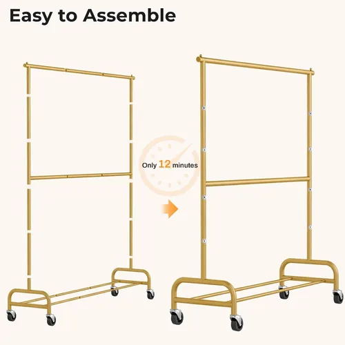 Miniatura 7 de MISSLO Perchero resistente para ropa con ruedas, para colgar ropa, para abrigo, vestuario, dorado (doble barra)