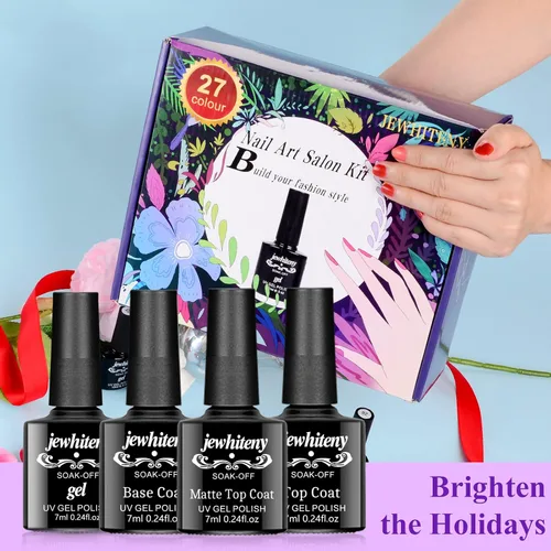 Miniatura 7 de JEWHITENY Juego de 30 esmaltes de uñas de 27 colores, verde, azul, rosa, naranja, Gitter Sock Off Gel Polish con capa base superior mate y brillante