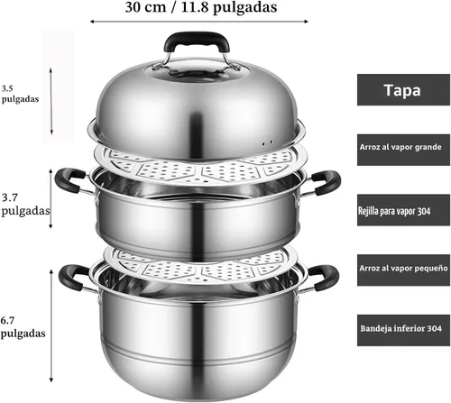 Miniatura 2 de MANO Olla de vapor para cocinar de 11.8 pulgadas con tapa, olla de vapor de acero inoxidable de 2 niveles, utensilios de cocina multiusos con mango