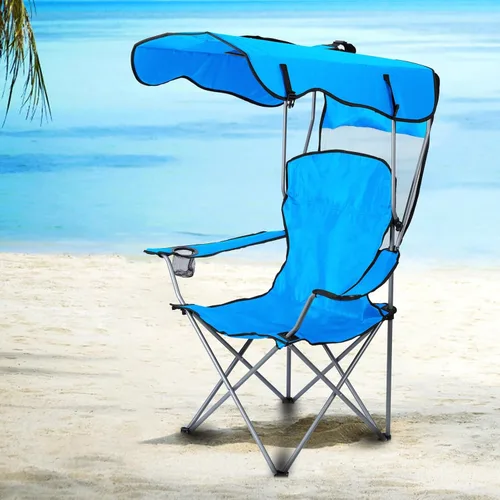 Silla de campamento con portavasos y bolsillo lateral, mochila portátil plegable con sombrilla, marco de acero resistente, tela Oxford para camping,
