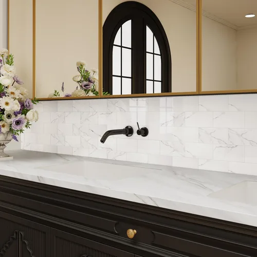 Miniatura 8 de COLAMO Protector contra salpicaduras de lujo de 10 hojas que se despega y pega, azulejo de metro blanco de piedra sintética autoadhesiva de 12"x12