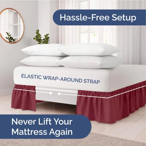 Miniatura 2 de Falda de cama envolvente con volantes, color burdeos, para camas de tamaño matrimonial con altura de 30 cm CGK Linens - Falda de cama plisada con 25