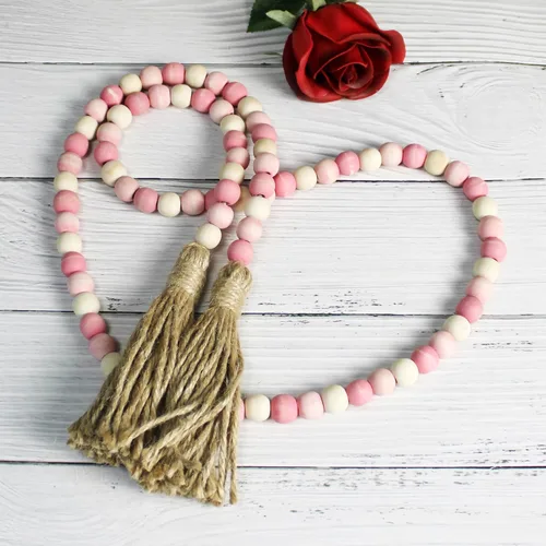 Miniatura 2 de CVHOMEDECO. Guirnalda de cuentas de madera con borlas de madera rústica para decoración de festivales en el hogar. Mezcla rosa envejecida