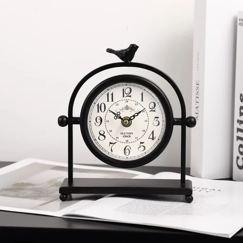 Miniatura 2 de Reloj de mesa silencioso a pilas de metal negro analógico con pájaro, pequeño reloj de mesa para decoración de granja, estante de chimenea, hogar