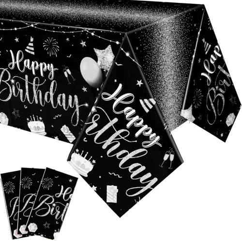 Miniatura 27 de Tudomro 3 piezas de manteles de feliz cumpleaños, manteles de plástico para decoración de fiesta de cumpleaños, paños rectangulares para baby Negro