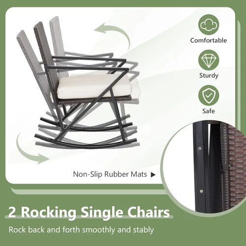 Miniatura 4 de Tangkula Patiojoy - Juego de muebles mecedores de patio de 4 piezas, sofá biplaza de mimbre de polietileno resistente con 2 sillas mecedoras y 1