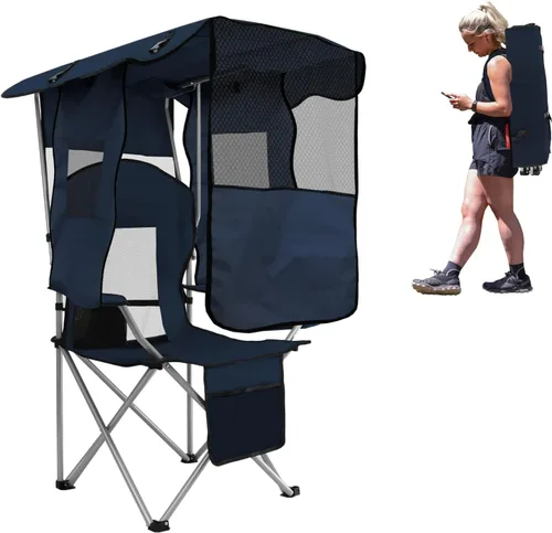 Miniatura 8 de BESTHLS Silla de camping con toldo sillas de playa plegables portátiles con enfriador, respaldo de malla, portavasos y bolsillo para campamento, Azul