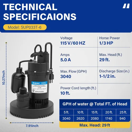 Miniatura 2 de Acquaer Bomba sumergible de agua limpia/sucia con interruptor de flotador ajustable para jardín, piscina, sótano, casa inundada, bañera