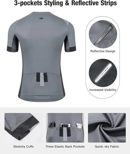 Miniatura 3 de Santic Camiseta de ciclismo para hombre, manga corta, camiseta de ciclismo de carretera, con cremallera completa, UPF 50+, MTB con bolsillos