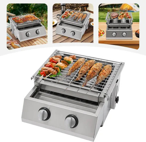 Miniatura 4 de Parrilla de barbacoa de gas, portátil de 2 quemadores, parrilla de gas propano de mesa de acero inoxidable, barbacoa al aire libre, ahumador