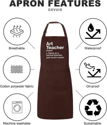 Miniatura 5 de Art Teacher Apron for Women Art Lovers Waterproof Adjustable Bib 2 Pockets Kitchen Cooking Apron Artist Mentor Gift Brown