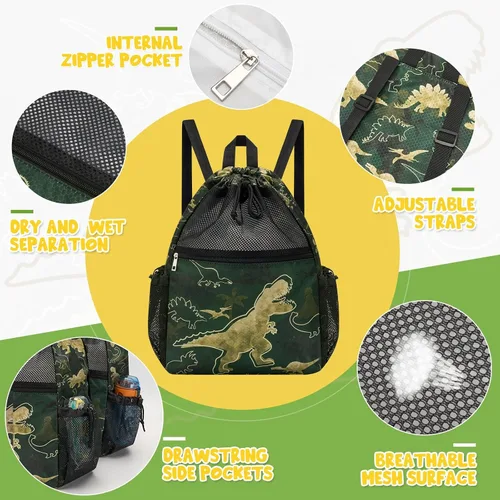 Miniatura 2 de WAWSAM Mochila con cordón para niños - Bolsa de malla con cordón para niños, Dinosaurio verde oscuro, Dinosaurio