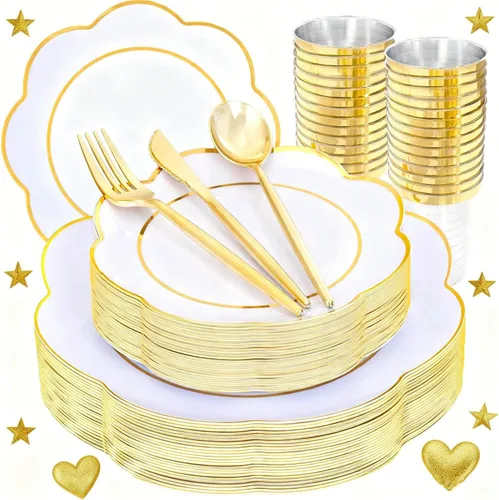 Miniatura 15 de ejonirinjonir EI - 180 platos de plástico beige con cubiertos de plástico dorado, platos desechables de alta resistencia para fiestas, juego