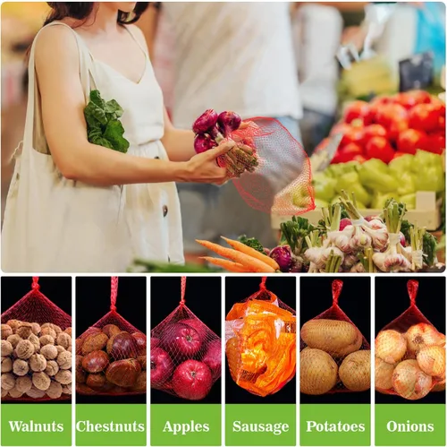 Miniatura 5 de Sukh 90 bolsas de malla para productos – Bolsas de malla para verduras de 24 pulgadas, red de almacenamiento de cebolla, red de mariscos para Rojo