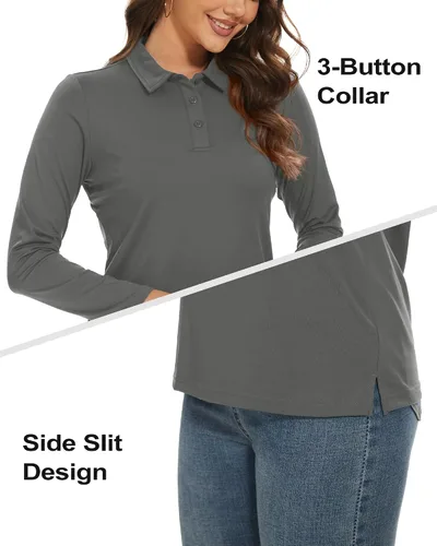 Miniatura 4 de TACVASEN Polo de manga larga para mujer, con protección solar UV, SPF para exteriores, manga larga, 3 botones, secado rápido, para golf