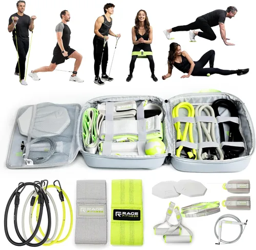 Rage Fitness Ex Kit 9 en 1 gimnasio en una bolsa – Bandas elásticas, para glúteos y resistencia con asas, anclaje de puerta, viajes, oficina y en