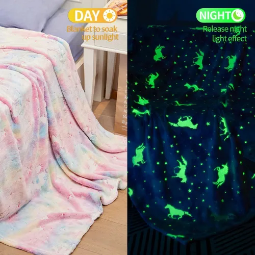 Miniatura 3 de Manta que brilla en la oscuridad, diseño de hadas, estrellas y unicornios; manta de vellón de color gris claro, mágica, suave y luminosa