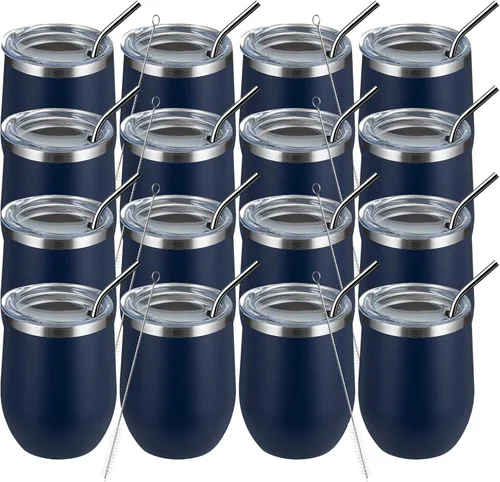 Miniatura 36 de MEWAY Vaso de vino sin tallo de 12 onzas con tapa, vaso de viaje de acero inoxidable con aislamiento de doble pared al vacío con popote, para Negro