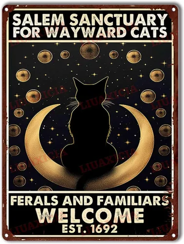 Miniatura 15 de Letrero de metal de hojalata Salem Sanctuary para gatos Wayward Ferals and Familiars, letrero de metal de hojalata para hombre, decoración de pub, 8