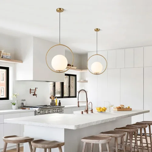 Miniatura 3 de KCO Moderna lámpara colgante de globo dorado con 1 luz individual de cristal blanco para isla de cocina, lámpara colgante ajustable de mediados