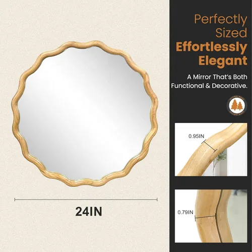 Miniatura 2 de Espejo de baño para pared, 24 pulgadas, redondo, bohemio, ondulado, de madera, espejo decorativo grande de cuerpo entero con vidrio templado, espejo