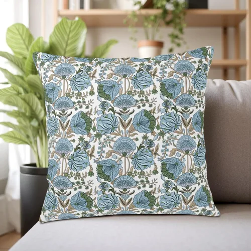 Miniatura 7 de Juego de 2 fundas de almohada con estampado de bloques azules de 16 x 16 pulgadas, diseño floral verde espárragos, fundas de almohada bohemias