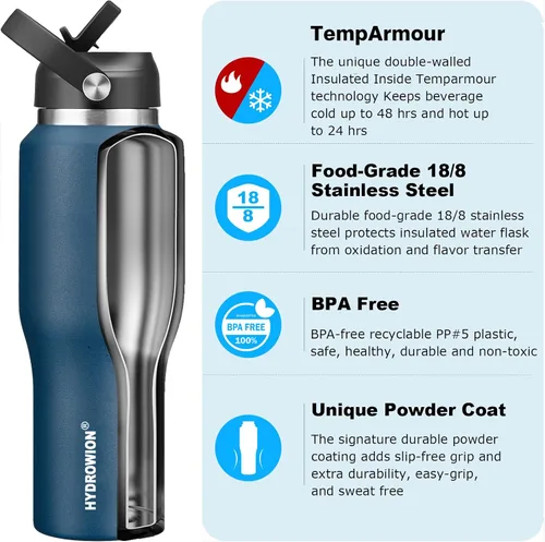 Miniatura 2 de Botellas de agua HYDROWION con popote, botella de agua aislada de 40 onzas que cabe en el portavasos del automóvil, botellas de agua negras con tapa