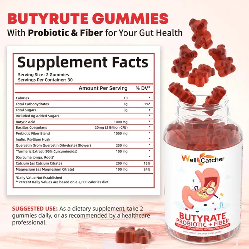 Miniatura 2 de Gomitas de butirato Suplemento para la salud intestinal: butirato con probióticos y fibra prebiótica gomitas para mujeres y hombres sin azúcar Apoyo