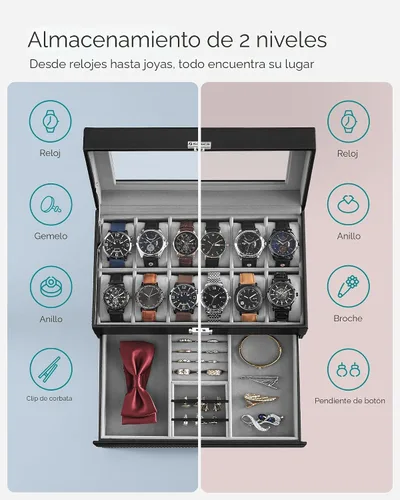 Miniatura 3 de SONGMICS UJWB012 - Caja de reloj de 12 ranuras, caja de reloj con cerradura con tapa de vidrio, 2 capas, con 1 cajón para anillos, pulseras, idea