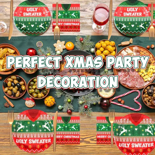 Miniatura 6 de Yaomiao Juego de 180 piezas de suministros de fiesta de suéter feo de Navidad, platos de papel desechables y servilletas, tazas para 30 decoración