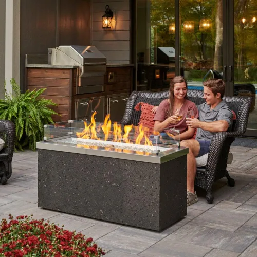 Miniatura 2 de Outdoor GreatRoom Co - Mesa para fogata de gas Key Largo para patio exterior, mesa rectangular de acero inoxidable de 48 pulgadas, base de estuco