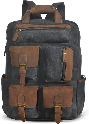 Le'aokuu Lona y cuero genuino impermeable unisex adulto mochila diaria mochila casual bolsa de viaje, Negro -