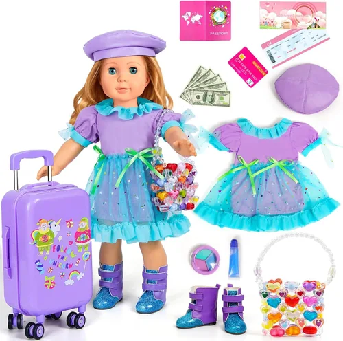 Miniatura 8 de WONDOLL 27 piezas de ropa y accesorios para muñecas americanas de 18 pulgadas - juego de viaje, maleta de equipaje, ropa y zapatos, bolso, gafas