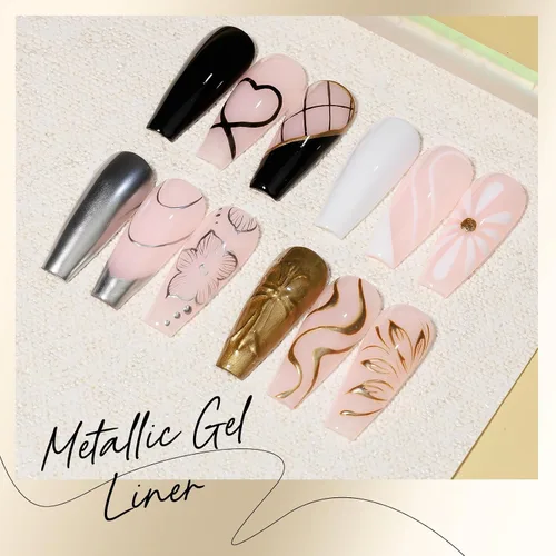 Miniatura 8 de MIZHSE Revestimiento de gel metálico para uñas, dorado y plateado, 4 colores, línea de dibujo de araña pintada en gel de espejo 3D, pintura